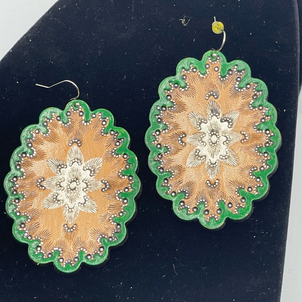 Leather Green and Tan Earrings